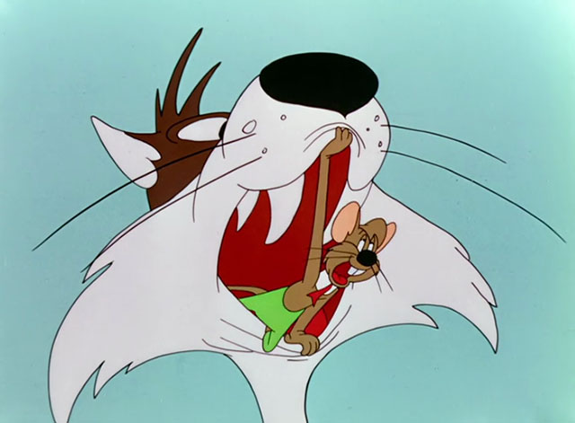 A Hick, a Slick and a Chick - cartoon mouse Elmo popping out of of brown and white cat Herman's mouth