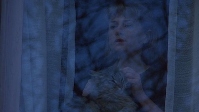 Home for the Holidays - Frank Maine Coon cat being held by Claudia Holly Hunter in window