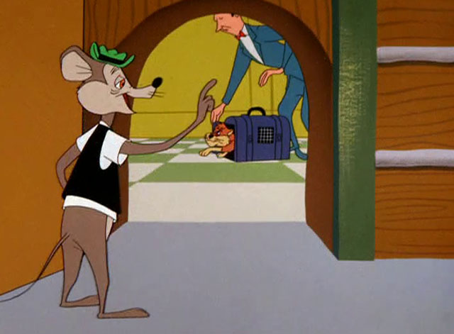 The Honey-Mousers - cartoon mouse Ned at mousehole as orange cat climbs out of carrier