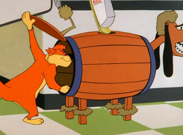 The Honey-Mousers - cartoon orange cat climbing into back of Trojan poodle