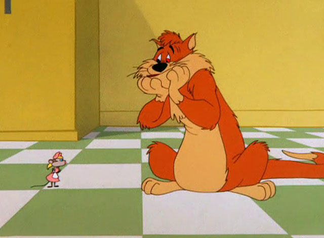 The Honey-Mousers - cartoon orange cat holding face while scared of mouse Alice