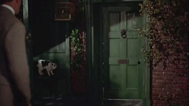 The Hound of the Baskervilles - white cat with black markings standing by door as Sir Henry Christopher Lee approaches