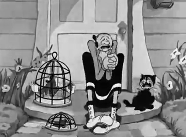 The House Builder-Uppers - Olive Oyl with black cat, parrot and mouse crying outside house