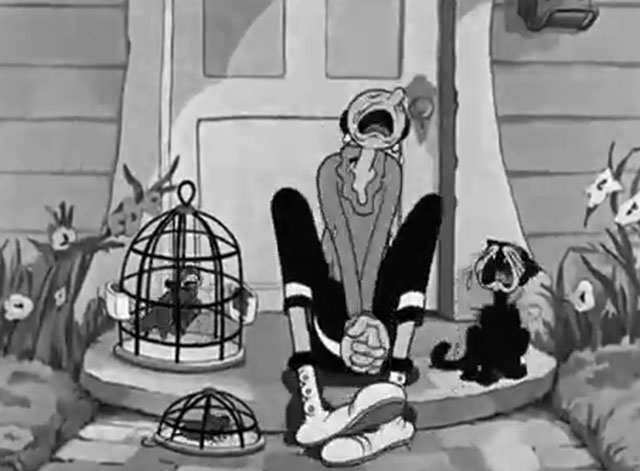 The House Builder-Uppers - Olive Oyl with black cat, parrot and mouse crying outside house