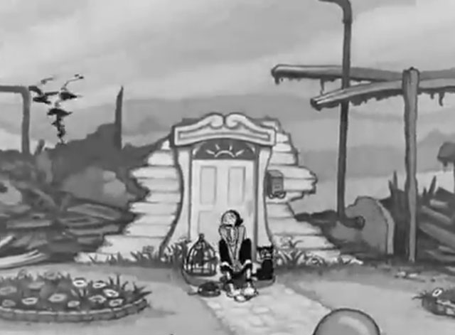 The House Builder-Uppers - Olive Oyl with black cat, parrot and mouse crying outside burnt house