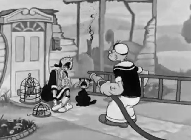 The House Builder-Uppers - Olive Oyl with black cat, parrot and mouse crying outside house with Popeye holding hose