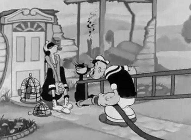 The House Builder-Uppers - Olive Oyl with black cat, parrot and mouse crying outside house with Popeye holding hose