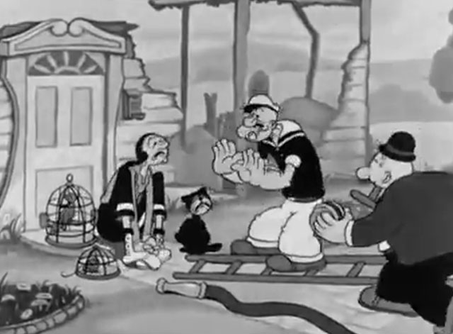 The House Builder-Uppers - Olive Oyl with black cat, parrot and mouse crying outside house with Popeye and Wimpy