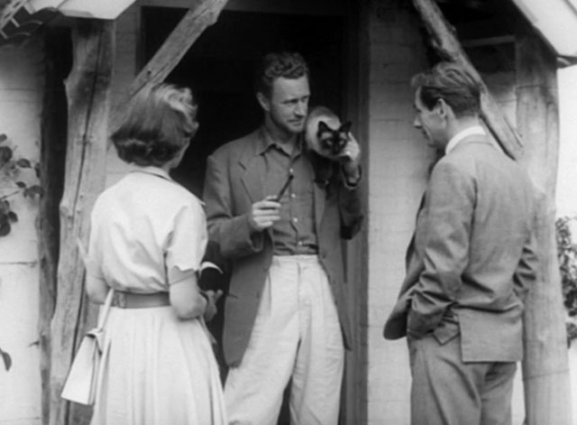 The House in the Woods - Geoffrey Michael Gough, Carol Patricia Roe meeting Spencer Ronald Howard with seal point Siamese cat Cleopatra on shoulder