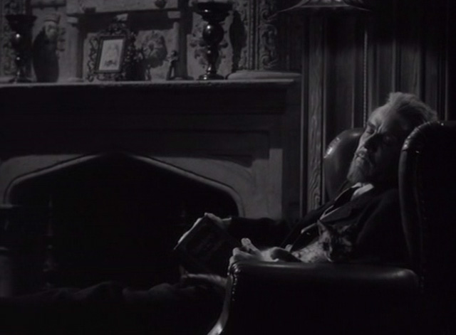 House of Dracula - gray tabby cat in easy chair with Dr. Edlemann Onslow Stevens