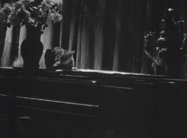 The House of Fear - tabby cat sitting on piano by vase of flowers