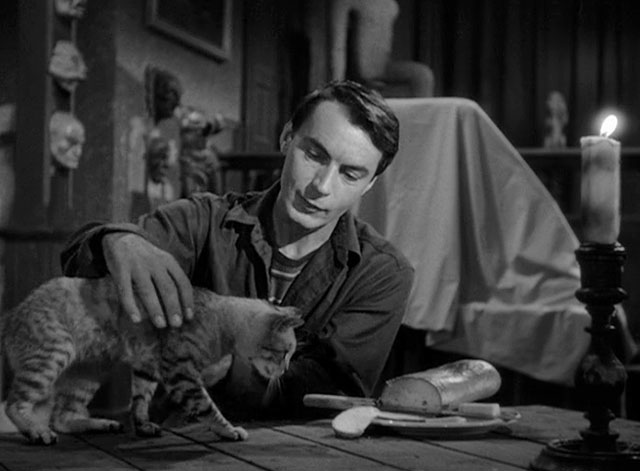 House of Horrors - Marcel Martin Kosleck with grey tabby cat Pietro on table