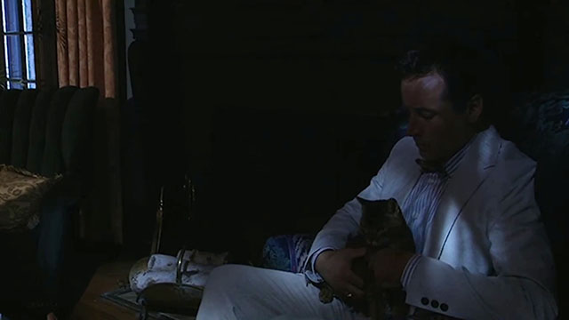 The House Sitter - Frank Jonathan Higgins holding Abyssinian cat Fred Sushi on lap in dark