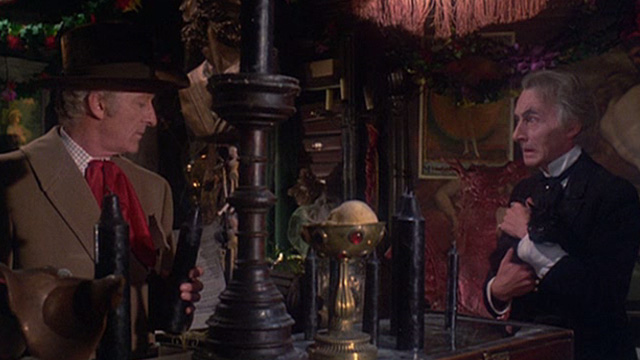 The House That Dripped Blood - black cat being held by Theo Von Hartmann Geoffrey Bayldon while talking to Paul Henderson John Pertwee