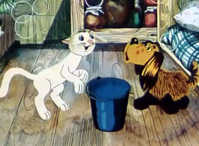 How the Cat and the Dog Washed the Floor - cat and dog playing with soap bubbles