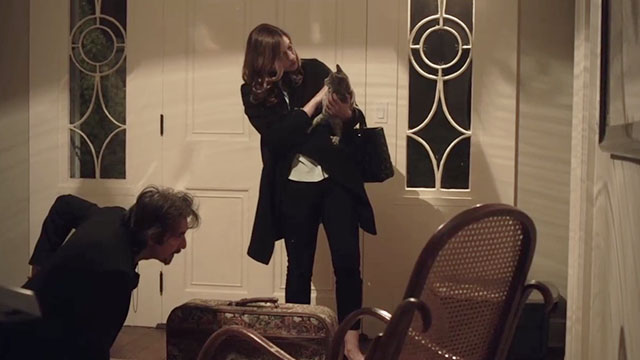 The Humbling - Pegeen Greta Gerwig holding gray tabby cat Emily with fallen Simon Al Pacino