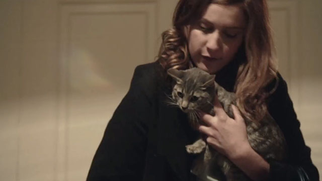 The Humbling - Pegeen Greta Gerwig holding gray tabby cat Emily