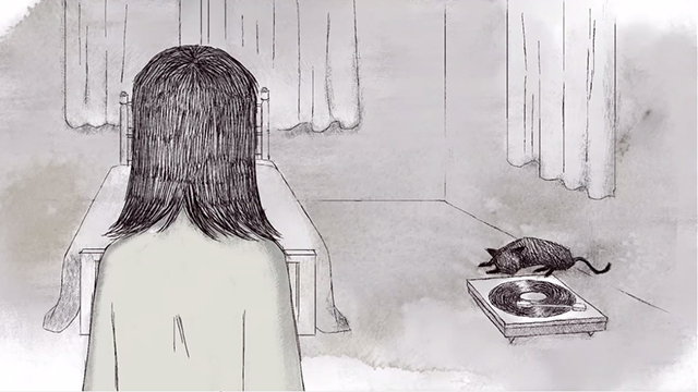 If Anything Happens I Love You - animated woman looking at black cat and record player
