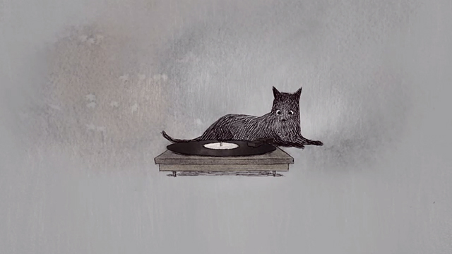 If Anything Happens I Love You - animated black cat looking at record player