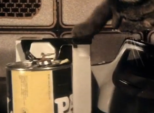 I'm Tuff - brown tabby cat opening can of Pal cat food with opener