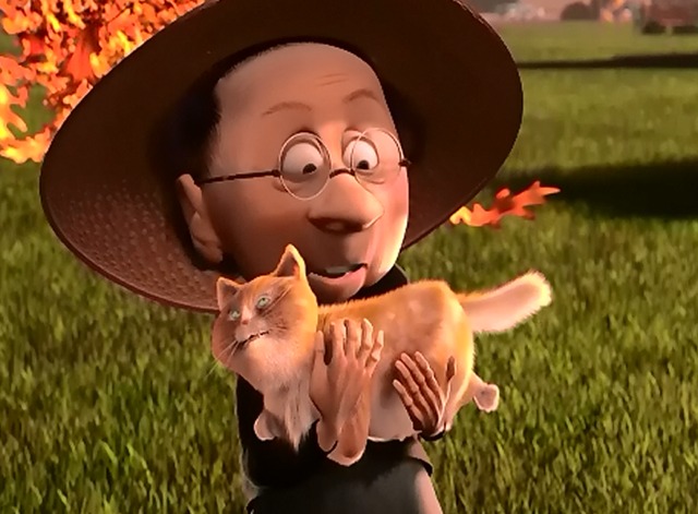 The Incredibles - orange tabby cat Squeaker in arms of elderly female owner