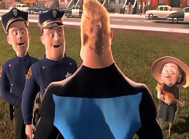 The Incredibles - police and elderly woman with orange tabby cat Squeaker thank Mr. Incredible