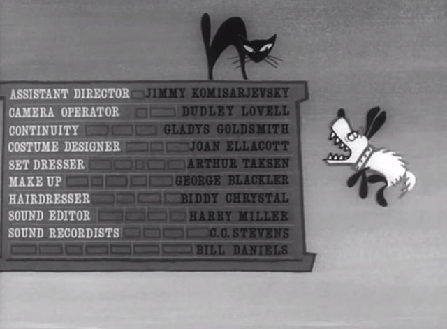 In the Doghouse - cartoon dog barking at black cat on wall of credits