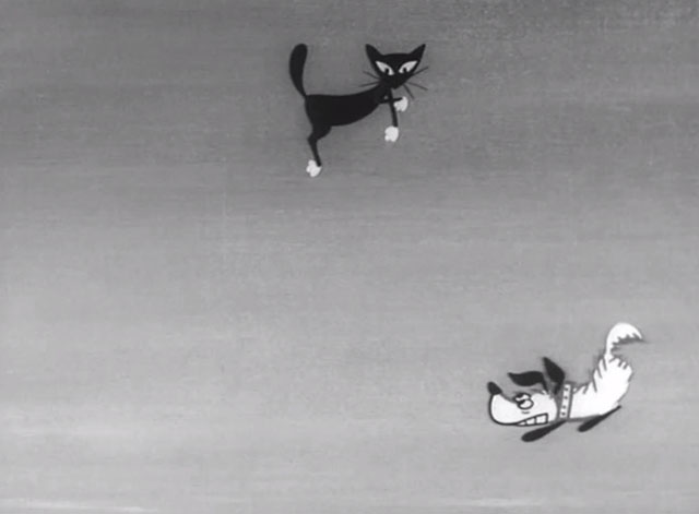 In the Doghouse - cartoon dog looking at black cat hovering in air