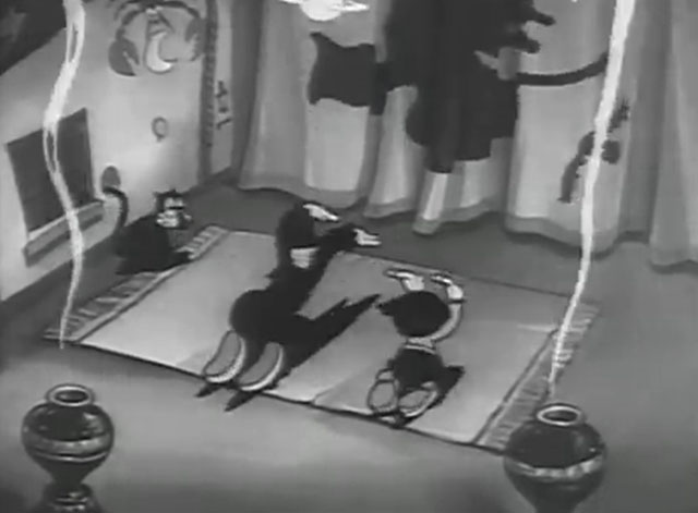 Is My Palm Read - cartoon black cat sitting by wall with Bimbo and Koko the Clown bowing to shadow of witch