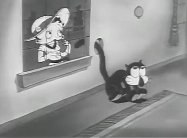 Is My Palm Read - cartoon black cat sitting by window with tail through hole and Betty Boop outside