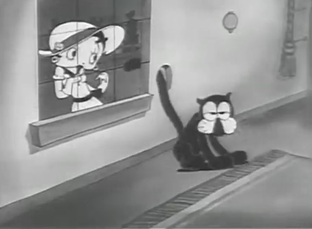 Is My Palm Read - cartoon black cat sitting by window with tail through hole and Betty Boop outside