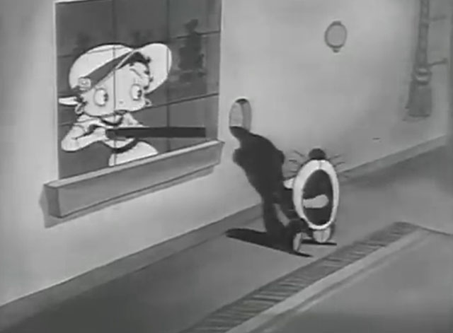 Is My Palm Read - cartoon black cat yowling by window with Betty Boop pulling his tail through hole