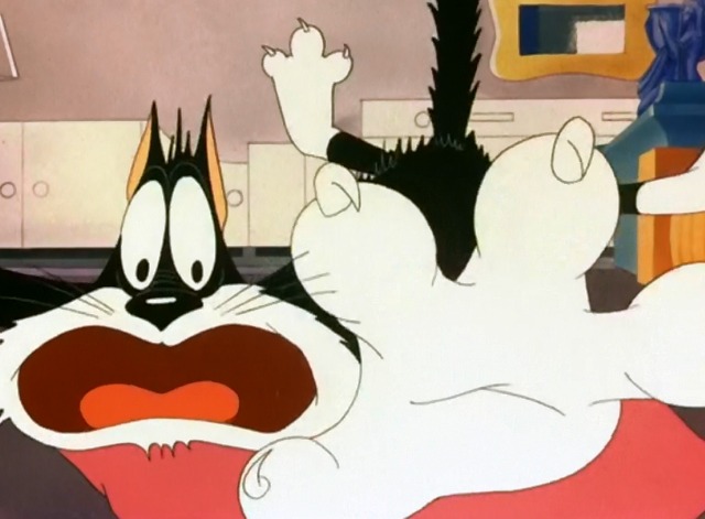 An Itch in Time - black and white cartoon cat reacting in shock