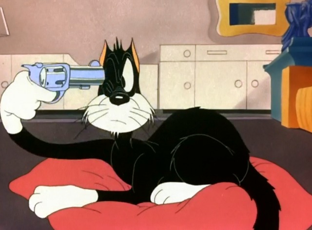 An Itch in Time - black and white cartoon cat pointing gun to his head