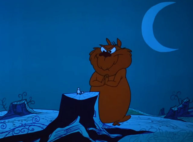 I Was a Teenage Thumb - orange cartoon cat looking at tiny baby on tree stump