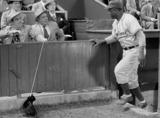The Jackie Robinson Story - Jackie Robinson approaches heckler in baseball stand with black cat on rope