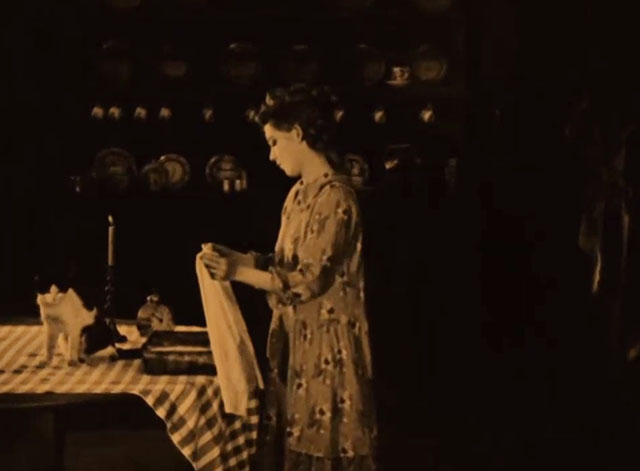 Johanna Enlists - Mary Pickford covering dish with towel as tuxedo cat sits on table