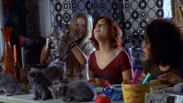 Josie and the Pussycats - Josie Rachel Leigh Cook and Val Rosario Dawson with gray kittens and Melody Tara Reid enters with tabby cat