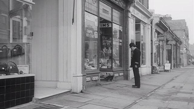 Jungle Street - policeman looking at tabby cat in doorway of shop