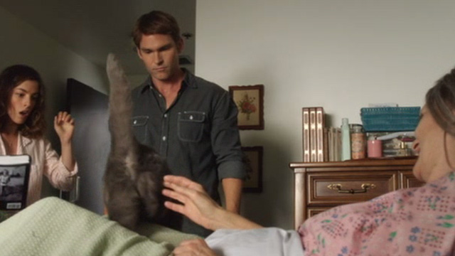 Just Before I Go - grey cat Death Kitty climbing off bed with Ted Seann William Scott Greta Olivia Thirlby and Mrs. Lawrence Beth Grant