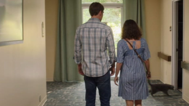 Just Before I Go - grey cat Death Kitty crossing corridor in front of Ted Seann William Scott and Greta Olivia Thirlby