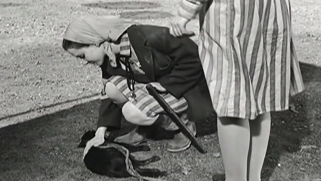 Kapo - Nicole Susan Strasberg reaching down to pet dead black cat Faust