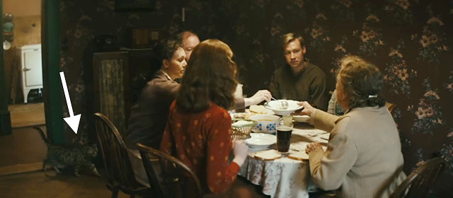 The Keeper - Margaret Freya Mavor, Barbara Olivia-Rose Minnis, British shorthair cat Presley, Jack John Henshaw, Clarice Dervla Kerwin, Grandma Sarah Barbara Young and Bert David Kross at dinner table