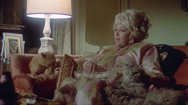 The Killing Kind - Thelma Ann Sothern sitting on couch with ginger tabby and longhair blue tortoiseshell cats
