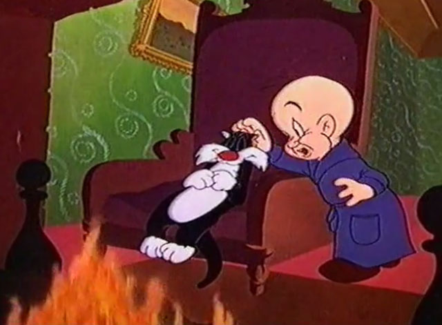 Kit for Cat - Sylvester the cat in comfortable chair in front of fire petted by Elmer Fudd