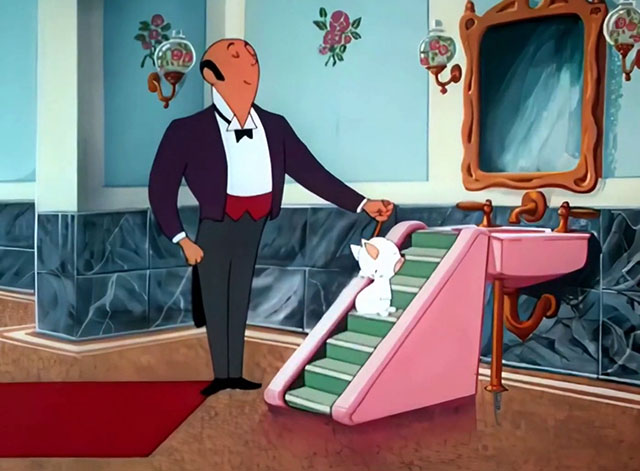 Kitty Cornered - white cartoon kitten Kitty Kuddles the III riding escalator to sink with butler Snardley