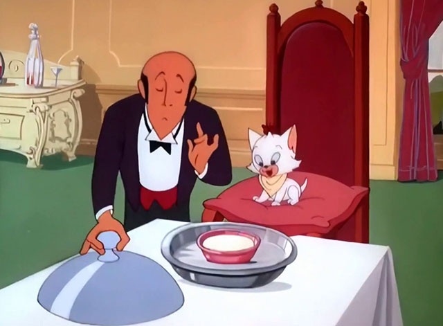 Kitty Cornered - white cartoon kitten Kitty Kuddles the III at dining table with butler Snardley revealing bowl of milk