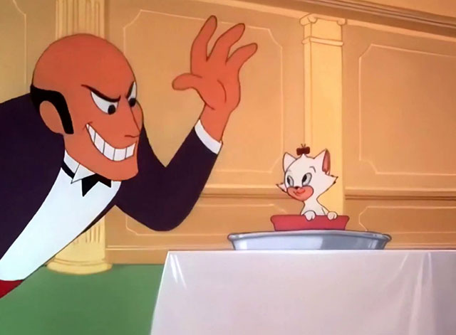 Kitty Cornered - white cartoon kitten Kitty Kuddles the III about to be grabbed by butler Snardley