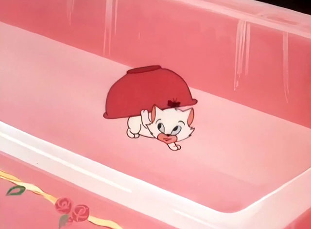 Kitty Cornered - white cartoon kitten Kitty Kuddles the III under bowl in bathtub