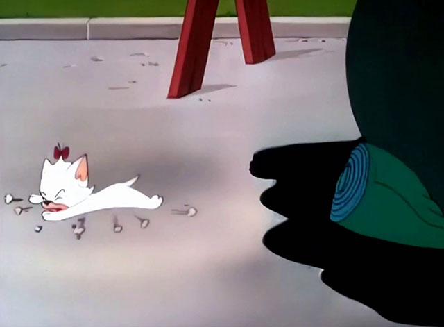 Kitty Cornered - white cartoon kitten Kitty Kuddles the III being spit out of carpet onto street